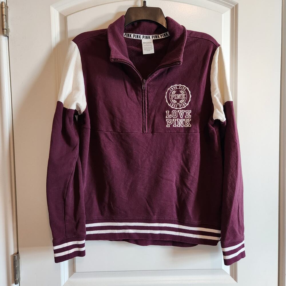 Victoria's Secret PINK Burgundy Terry Half Zip Pullover Sweater - Small